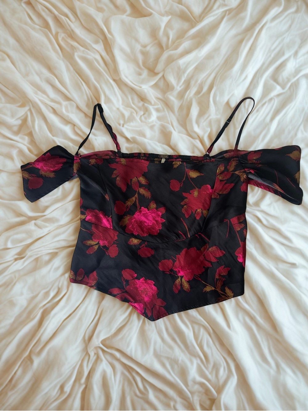 Free People Black Satin Floral Off-Shoulder Camisole with Pink Rose Print